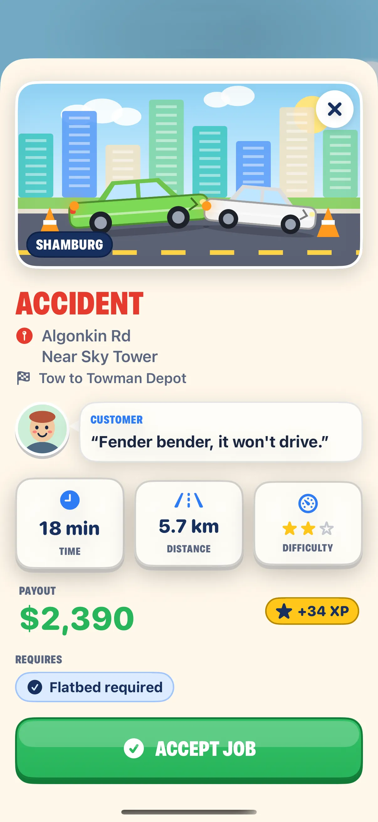 A Towman job card with its payout and truck dispatch action.