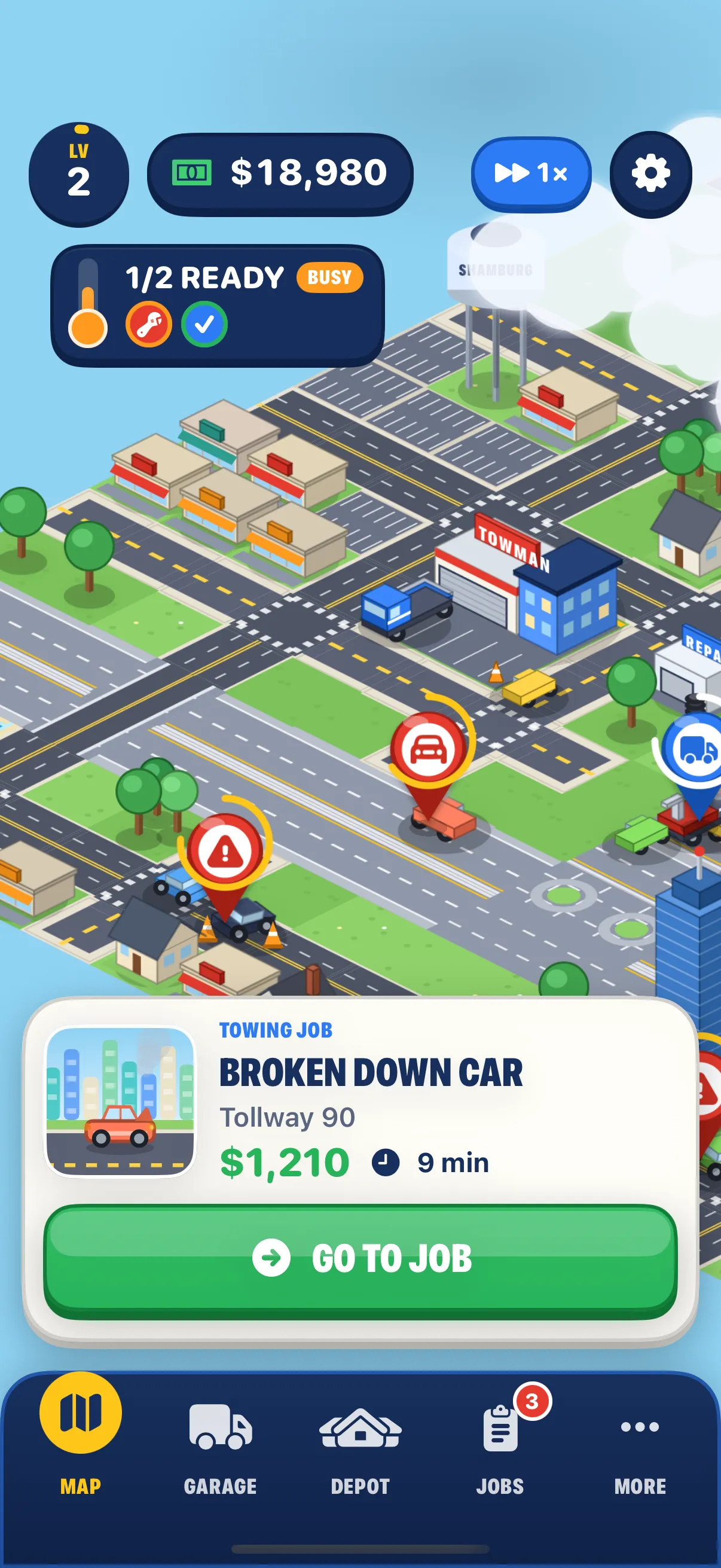 Towman’s city map, showing trucks, available jobs, and the starter depot.