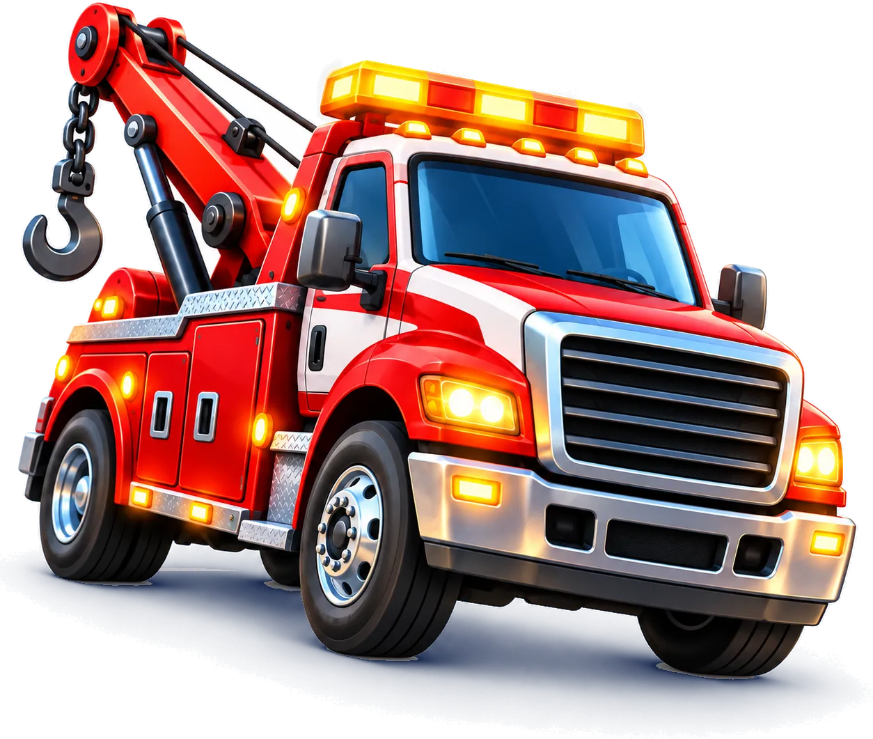 Towman’s red tow truck with its lights on.